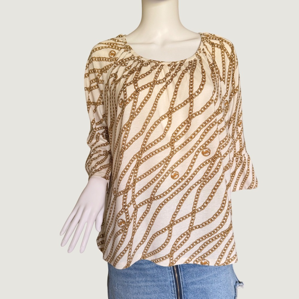 Michael Michael Kors Womens Chain Print Ruffle Sleeve Blouse Ivory Gold Top XL